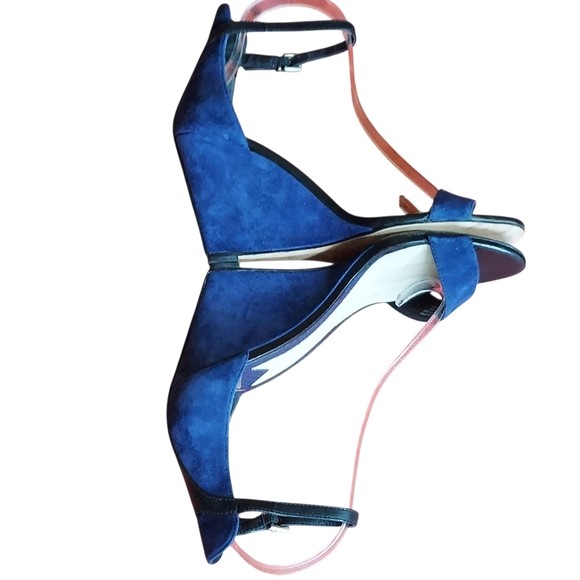 Brian Atwood Blue Wedge Sandals with Geometric Straps - Picture 10 of 16